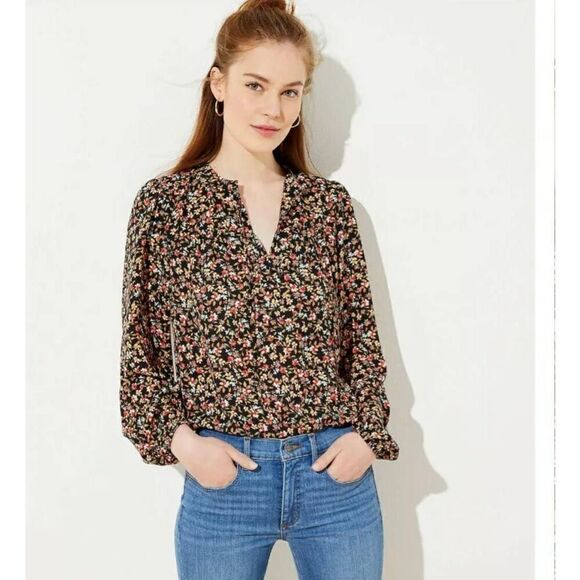 Ann Taylor Loft Top Women's 16 Plus Multicolor Floral Collar Split Party Blouse - Picture 1 of 8